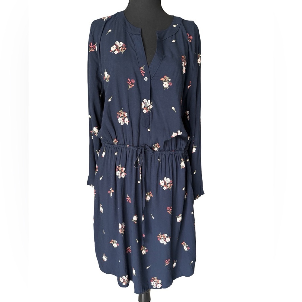 LOFT Navy Floral Long Sleeve Drawstring Waist Dress